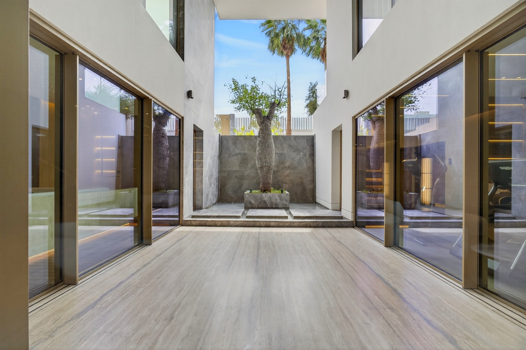 Villa A17 interior courtyard with baobab tree and travertine flooring
