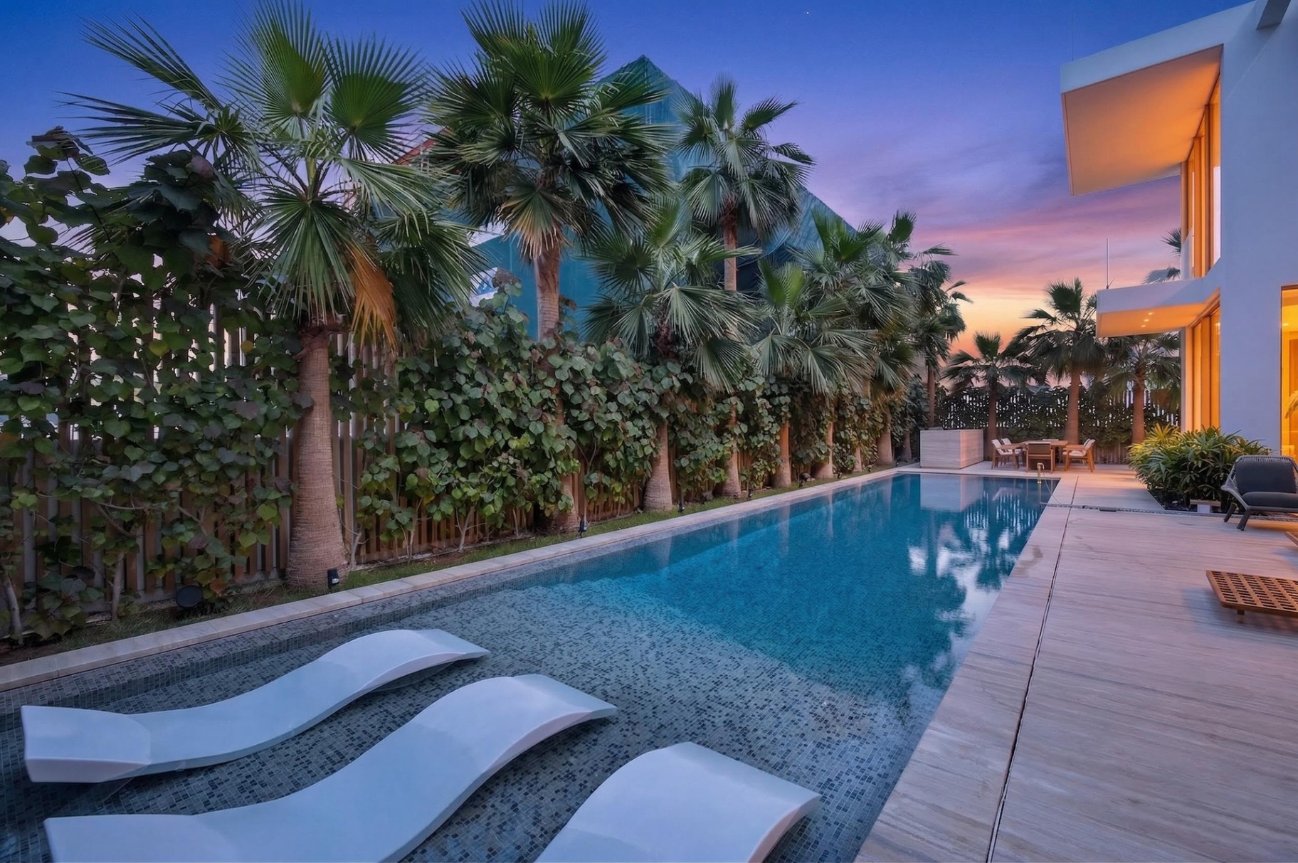 Villa A17 pool at twilight with palms and loungers