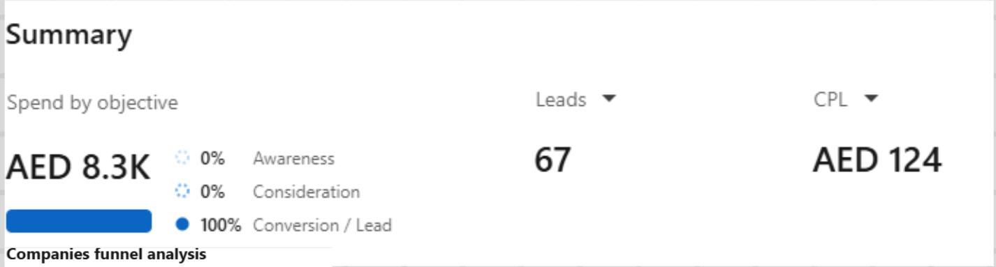 Hypernym campaign summary: AED 8.3K spend, 67 leads, AED 124 CPL, 100% conversion objective