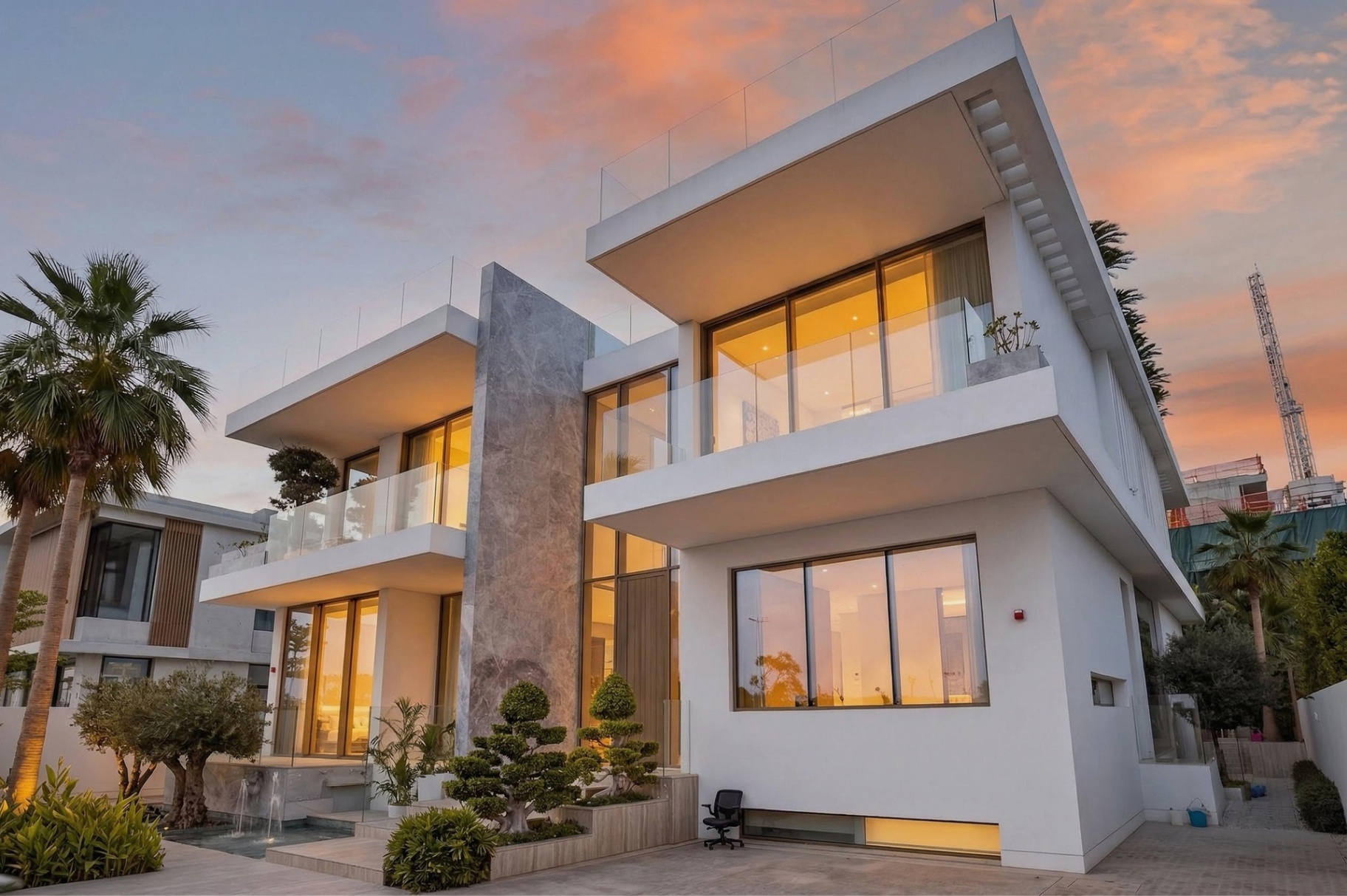 Villa A17 exterior facade at sunset with warm interior glow