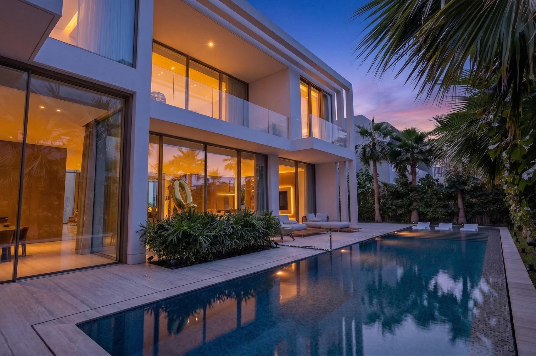 Villa A17 pool and facade at twilight reflecting warm interior light